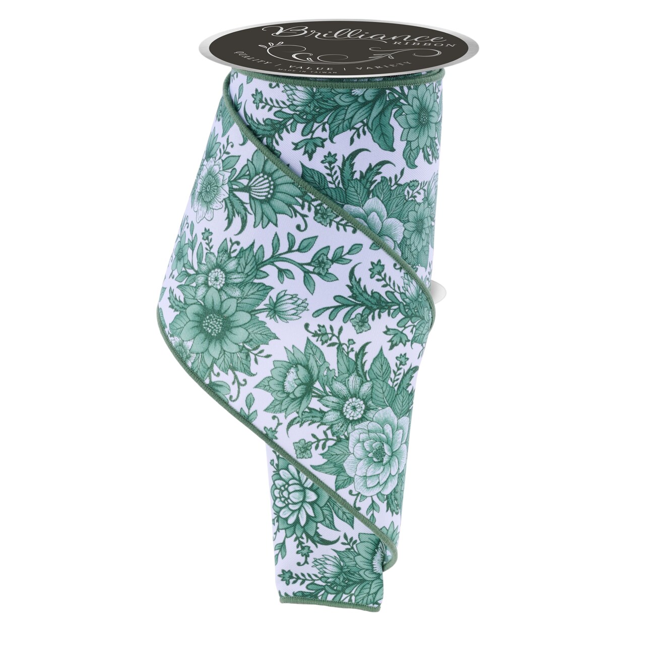 Brilliance 4" Wide Chinoiserie Florals Wired Ribbon 30' - White, Sage Green - For Flower Pattern Bows, Wreaths, Gift Wrap, Crafts and Decorations